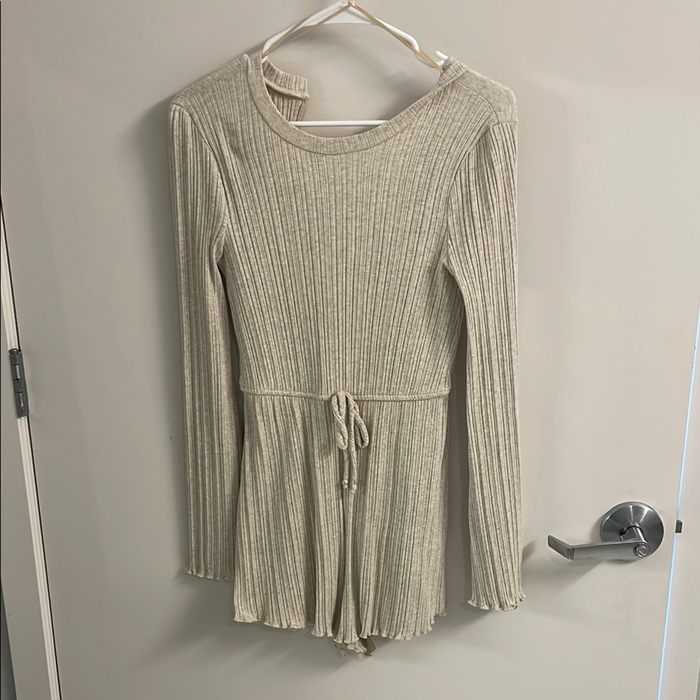 Beige Ribbed Long Sleeve Romper